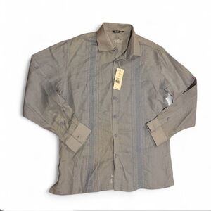 BOHIO 100% Linen Guayabera Shirt L Blue Embroidered Long Sleeve Tropical NWT